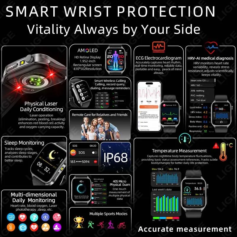 LIGE Smart Watch 650nm Dual Probe Laser Health Conditioning Uric Acid Blood Lipid Blood Pressure ECG+PPG Smartwatch Man Women