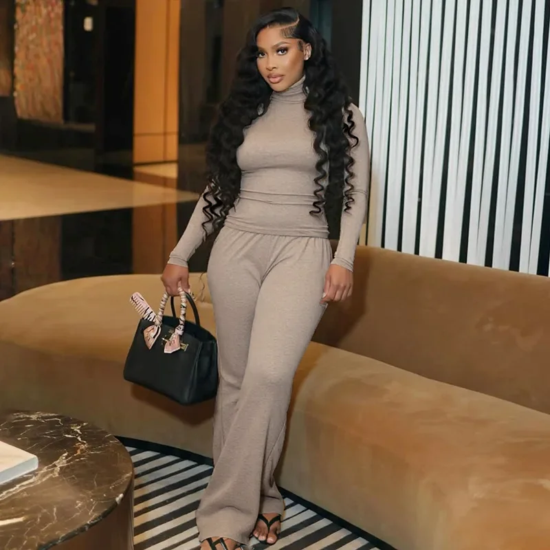 

Женский однотонный комплект из 2 предметов, повседневный домашний костюм, водолазка, футболки с длинными рукавами, топы + свободные прямые брюки, осенняя уличная одежда 2023 г.