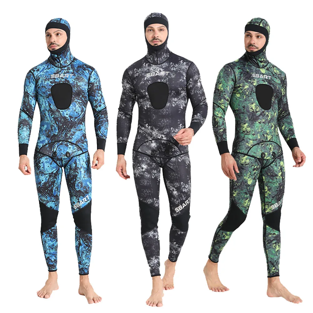 2MM Neoprene Wetsuit Camo Long Sleeve Submersible For Men Two-piece Hooded Diving Suit for Scuba Snorkeling Surfing Swimming