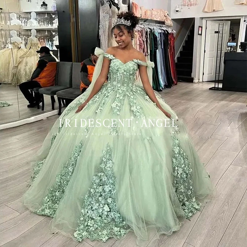 Abito da ballo verde menta iridescente con spalle scoperte Appliques floreali paillettes abiti Quinceanera dolce 16 abito Vestidos De 15 Anos