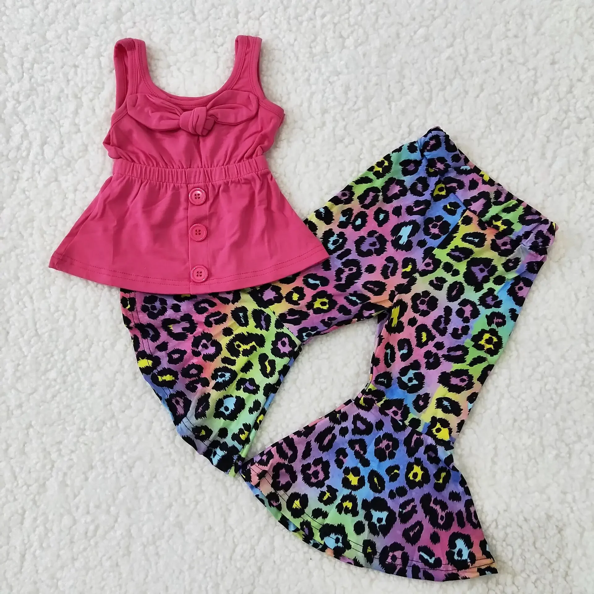 

2022 RTS Baby Girls New Design Fashion Rose Pink Sleeves Short Shirt Colorful Leopard Print Children Boutique Outfits Clothing