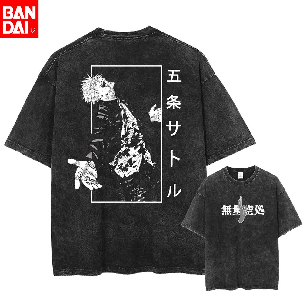 Vintage Washed Anime Jujutsu Kaisen Satoru Gojo T-Shirt Herren Oversized Streetwear Harajuku Manga Print Kurzarm-Shirts
