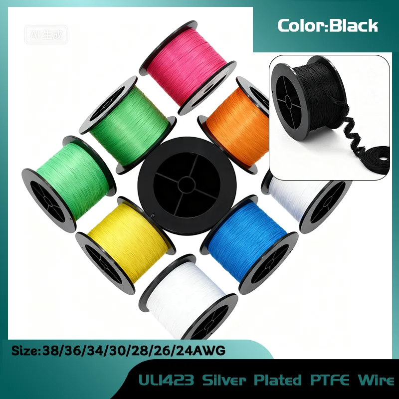 High Temp Wire UL1423 Silver Plated Copper PTFE Insulated Micro Cable in 24/26/28/30/34/36/38AWG Black Accessories Cables Wires