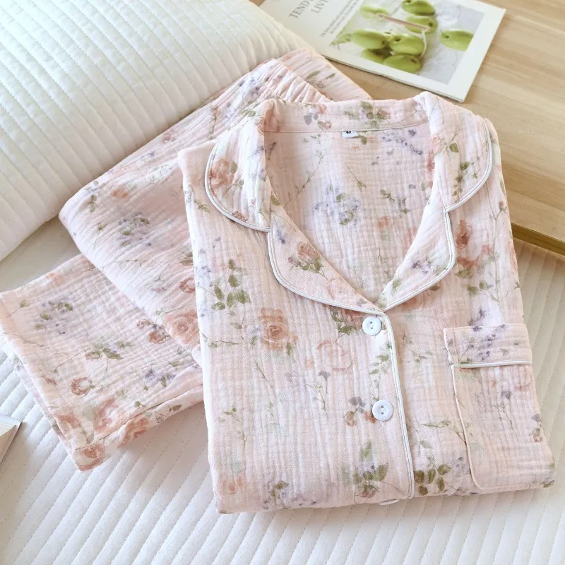 2026 New Women's Spring And Autumn Pajama Set 100% Cotton Crape Cloth Flower Collar Long Sleeve Two Piece Set Large Home Clothes