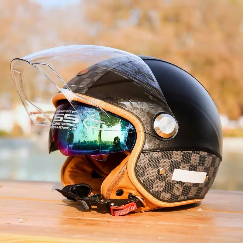 Casco de Motocicleta Abierto Estilo Vintage de Cuero, Homologado por DOT, Tipo Jet 3/4 con Doble Visor y Lente Interior para Motociclistas