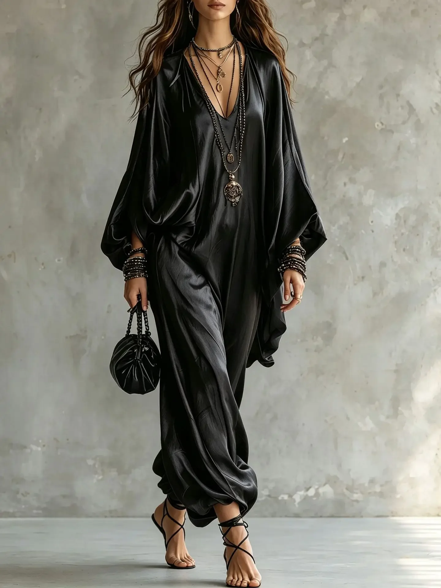 Elegant Satin Jumpsuit for Women Solid V Neck Batwing Sleeve Long Sleeve Loose Wide Leg Romper Vintage Casual Party Overalls
