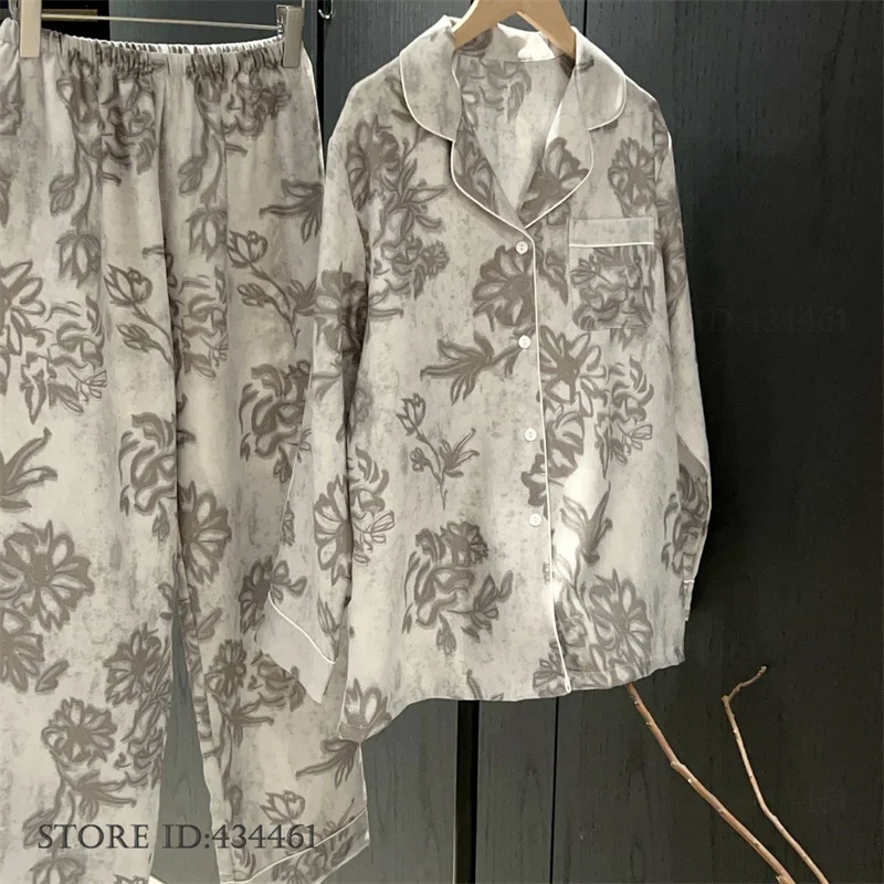 Vintage Print Flower Female Pajamas 2PCS Set Loungewear Spring Autumn Long Sleeve Trouser Pijamas Suit Loose Casual Homewear