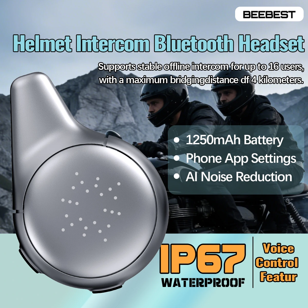 BEEBEST Motorcycle Helmet Intercom Headset Waterproof Bluetooth Wireless Walkie Talkie Handsfree Long Range for Motorcycle Rider