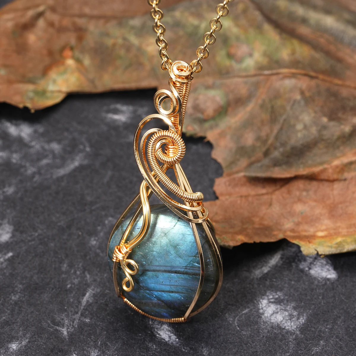 Damen Labradorit Regenbogen-Edelstein-Anhänger Kupferdraht-Umwickelter Labradorit-Schmuck Labradorit-Halskette mit Kette und Box – Detail 30