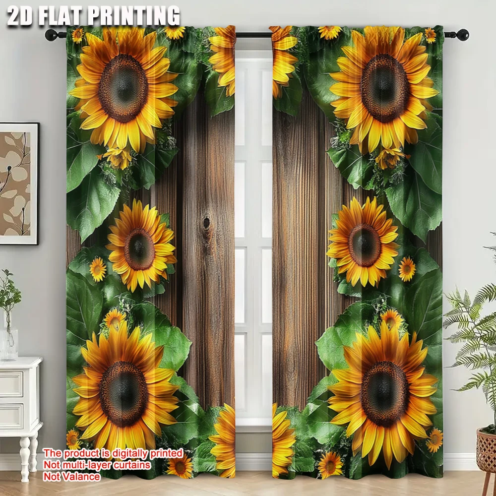 2pcs, Fashionable Curtains 2D print Rustic Wooden Barn and Sunflower 100% Polyester (without rod) All Seasons Ldeal for Bedroom