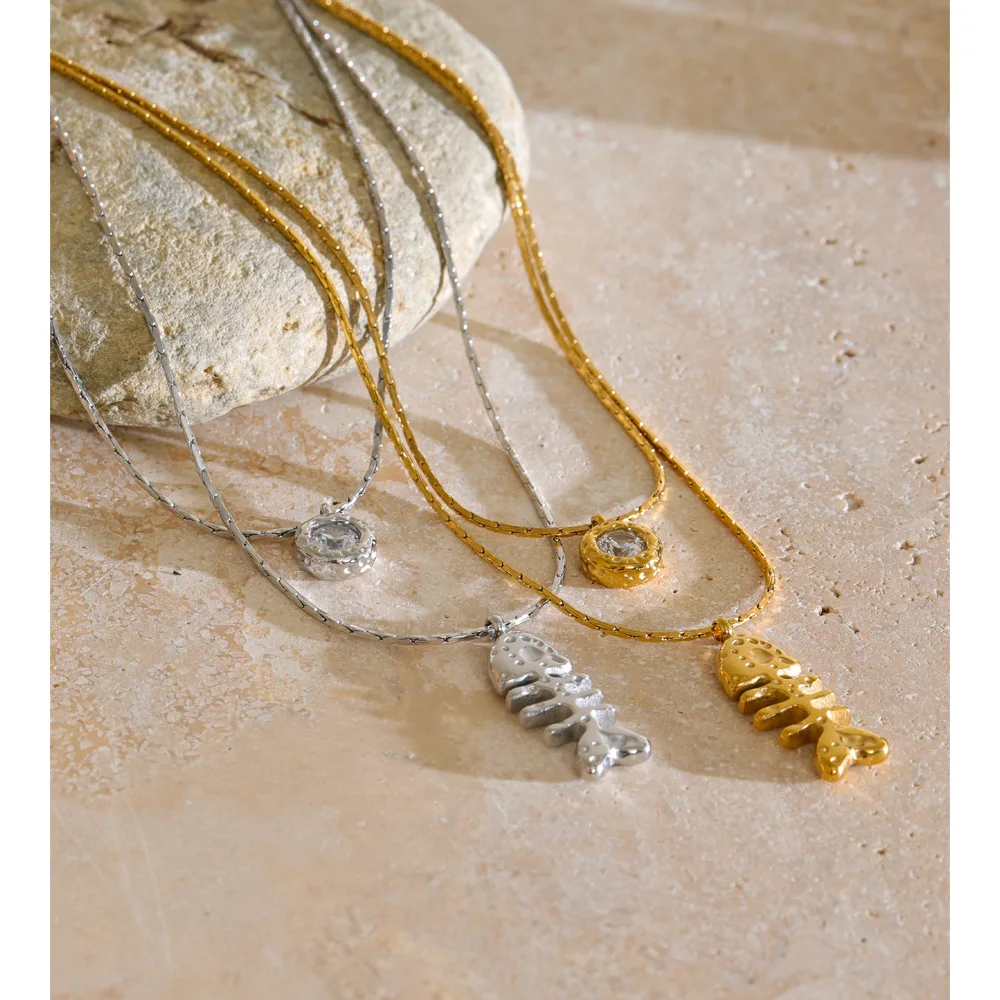 Yhpup Ocean Style Stainless Steel Double-Layer Chain Zircon Fishbone Pendant Necklace Summer Vacation Wear Jewelry