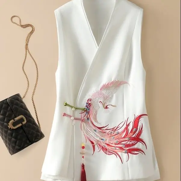 

Костюм в китайском стиле, жилет для женщин, новинка 2025, модный белый жилет с вышивкой Феникса, темпераментный зажим для лошади
