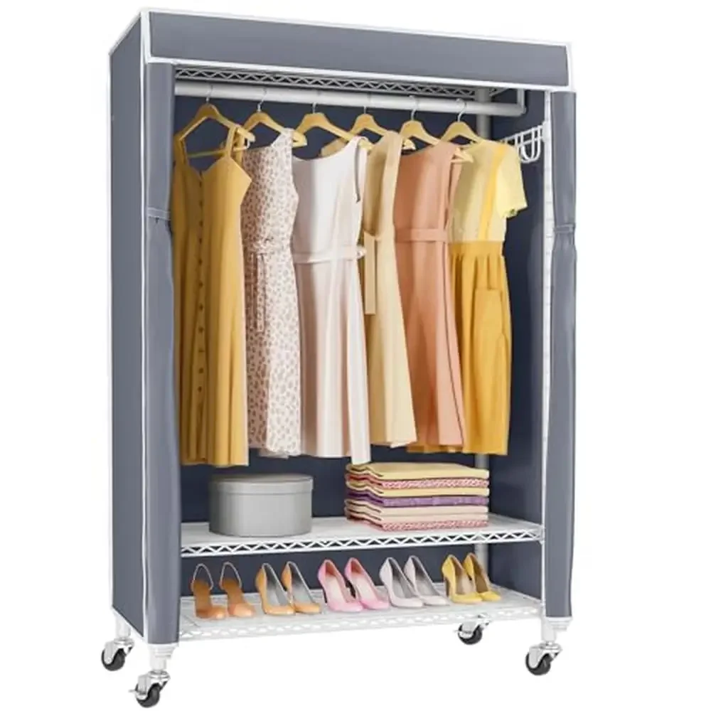 

Portable Rolling Clothes Rack with Dustproof Cover Heavy Duty Garment Rack Freestanding Clothing Rack Laundry Room Bedroom Entry