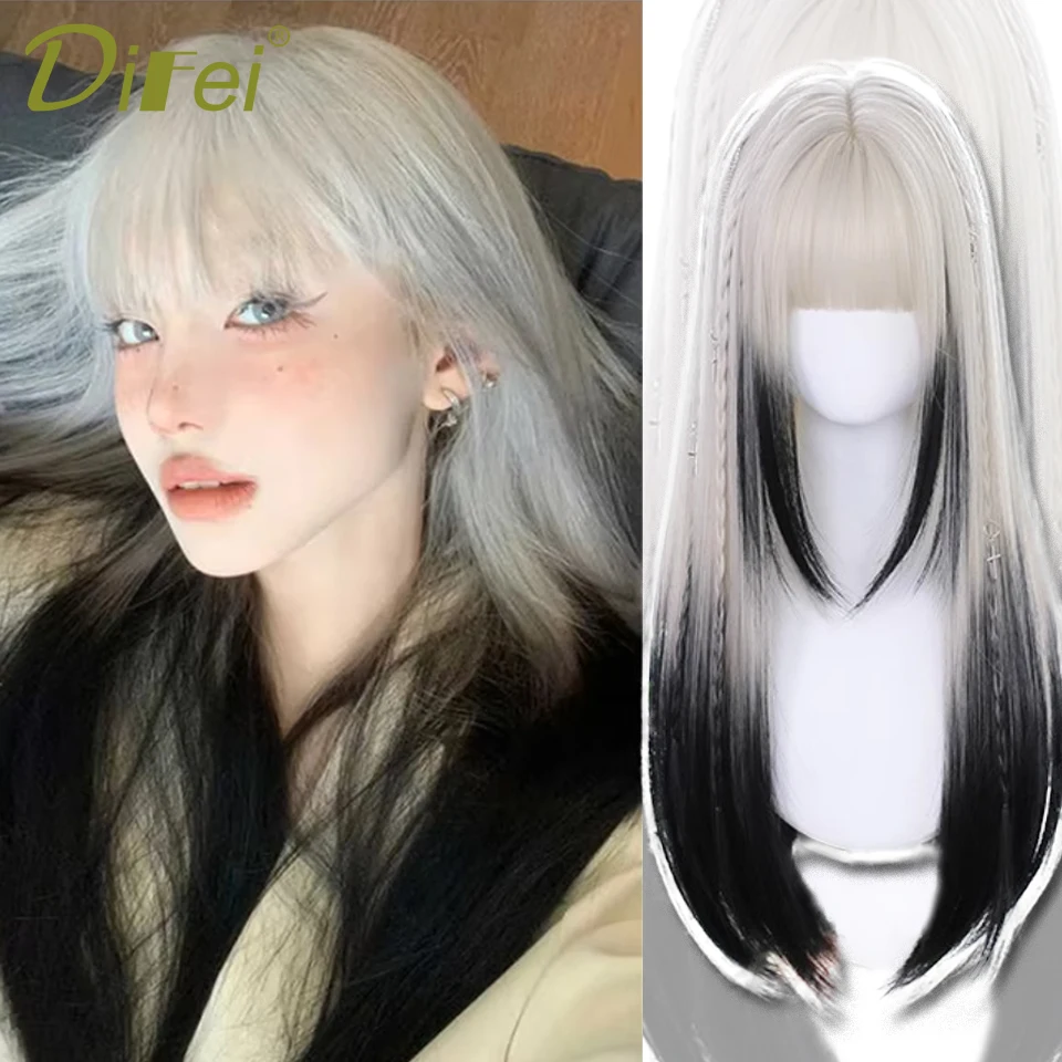 Black And White Gradient Straight Synthetic Wig Female Lolita Cosplay Fashion Gradient Holiday Long Straight Wig Full Head