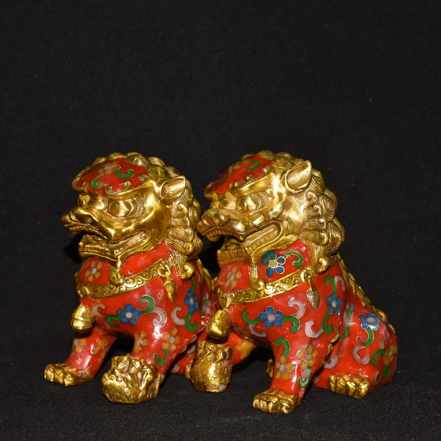 

5"Tibetan Temple Collection Old Bronze Cloisonne Enamel Lion Statue A pair Lucky Lion Office Gather wealth Ornaments Town House