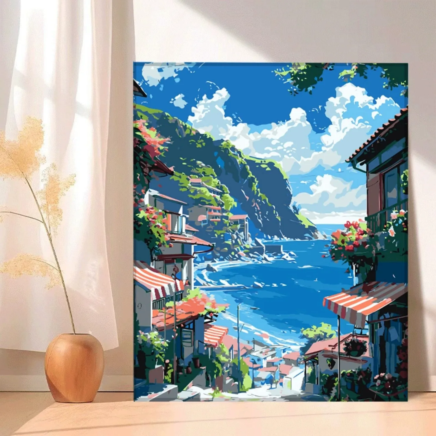300063-Anime Coastal Cliff Village Sea View Paint by Numbers Decor