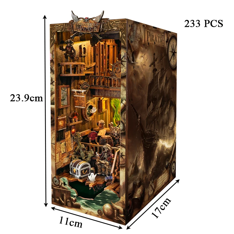 لتقوم بها بنفسك كتاب الزاوية الرف عدة العالم الجديد القراصنة السفينة خشبية مصغرة أطقم منمذجة اليدوية كازا غلاف الكتب مع رف الكتب الخفيفة هدية الأصدقاء