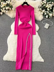 Casual Long Sleeve Sexy Knitted Women Sweater Maxi Dress with Side Slits Slim Autumn Winter New Elegant Shiny Wrap Hip Knit Robe