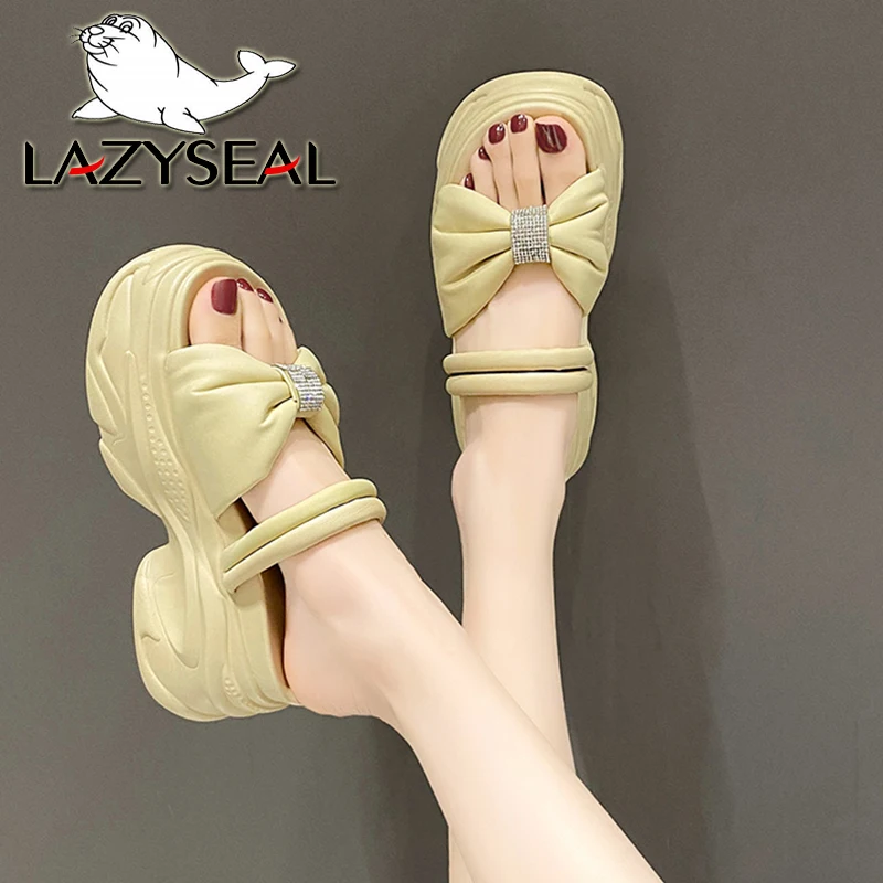 LazySea 9cm High Wedge Heels Slides Women Sandals Crystal Butterfly Knot Two Ways to Wearng Women Platform Slippers Outside Shoe