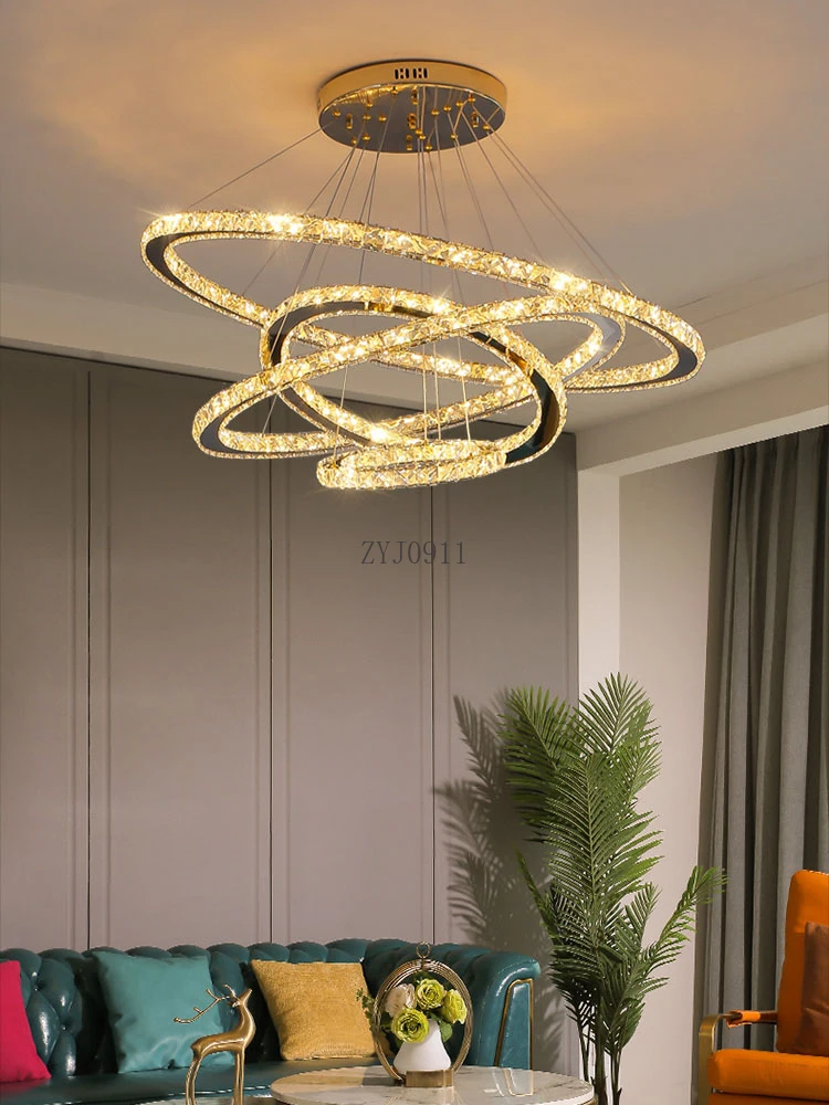 *Modern Crystal LED Chandelier For Living Room Dining Kitchen With Remote Control Gold Ring Hanging Lighting Circle Pendant Lamp