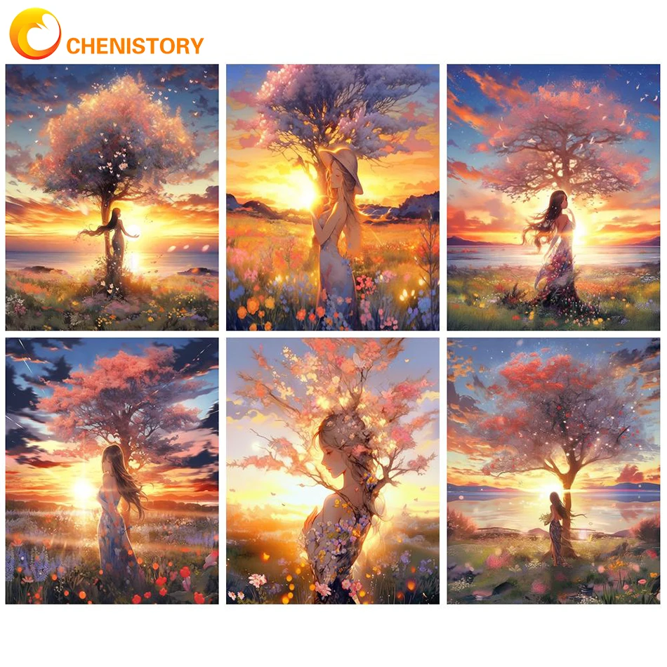 

CHENISTORY Oil Painting By Numbers Sunset For Adult DIY Kit Acrylic Paint Art Coloring By Numbers For Decoration Painting Landsc