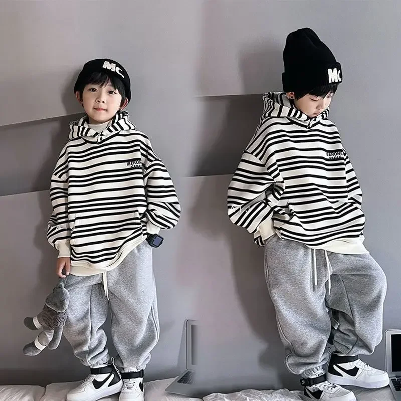 

2026 New Spring and Autumn Boys' Set Children's Striped Hoodie+Loose Casual Pants Two Piece Set Kids Outfits