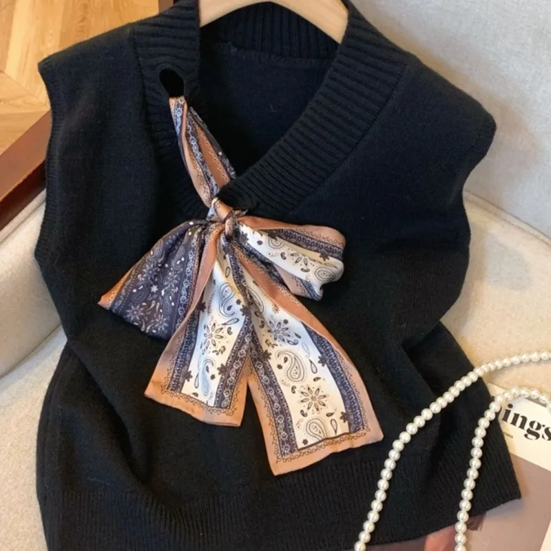 Autumn Winter Knitted Vest Women V Neck Bandage Bow Sleeveless Y2k Sweater Korean Preppy Style Fashion Overlap Crop Top