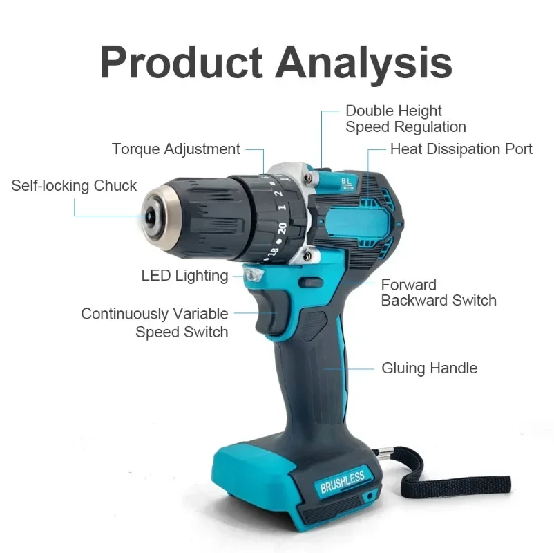 Brushless Cordless Electric Impact Drill Hammer, 3 em 1, 10mm, 20 + 2 Torque, Chave de fenda elétrica, Ferramentas elétricas para bateria Makita