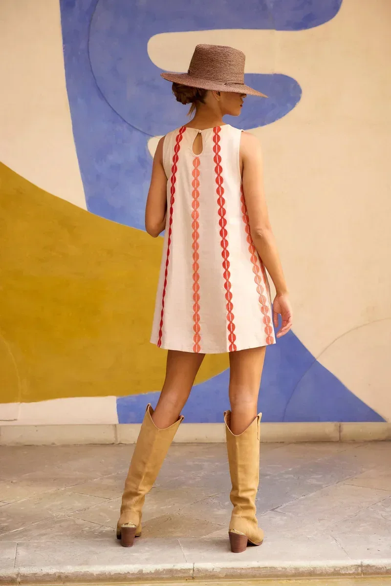 فستان نسائي صيفي جديد فضفاض للركاب برقبة دائرية مطبوعة بدون أكمام تنورة قصيرة