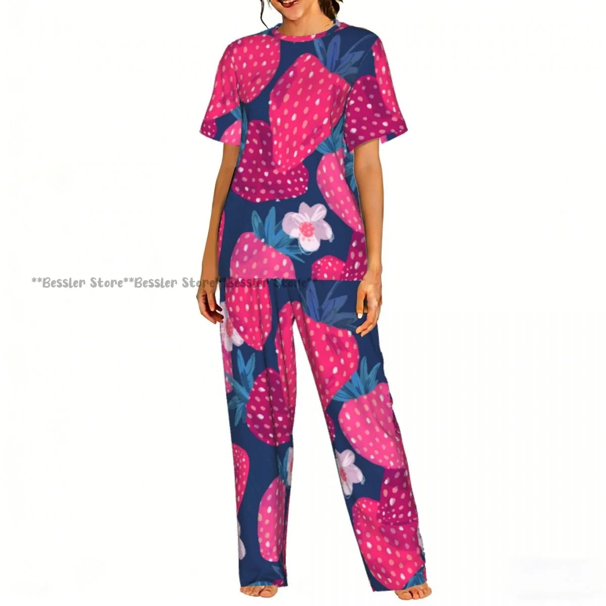 

Women Pajama Sets Lounge Sleepwear Pink Strawberry And Flowers Short Sleeve Nightwear