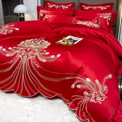 Set di biancheria da letto con ricamo in piuma d'oro di lusso Set copripiumino da sposa di fascia alta in cotone egiziano confezione regalo perfetta