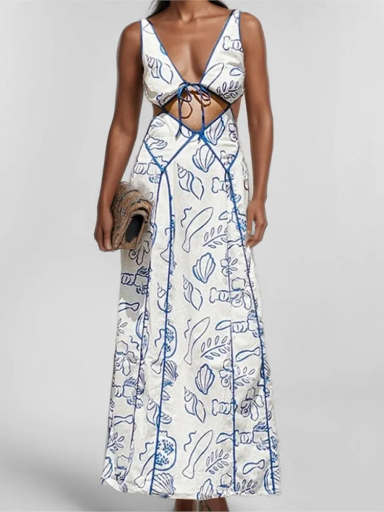 

Sexy Backless Hollow Out Long Skirt With Fashionable Printed Straps Summer New Women's V-neck Long Sleeveless Suspender Dress