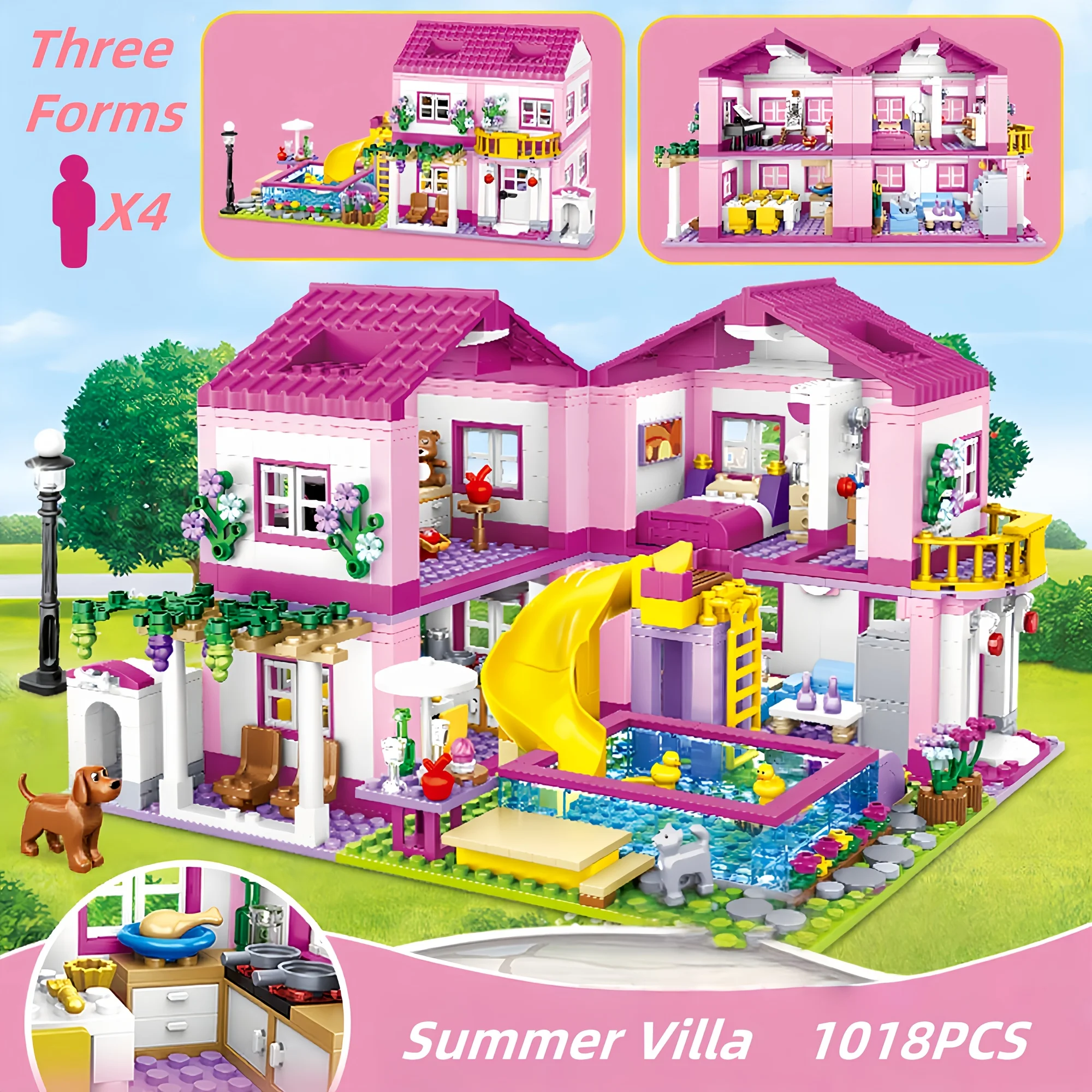 

1018 шт., модель дома с видом на город, летние каникулы, вилла, замок, строительный блок, кирпичи для бассейна, сделай сам, детский рождественский подарок для девочек