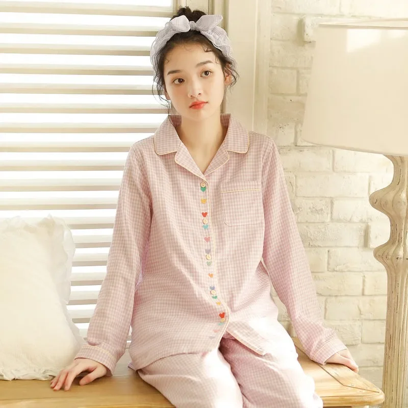 Spring Pajama Woman Sweet Loungewear Embroidered Nigthty Long Sleeve Sleepwear Cardigan 2-Piece Housewear Lapel Check Nightwear