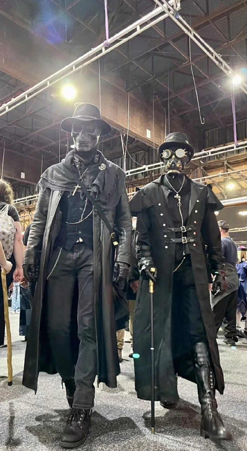 

Retro Halloween Medieval Steampunk Assassin Elf Pirate Costume Adult Men Black Long Split Jacket Gothic Armor Leather Jacket