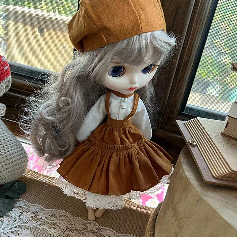 

Handmade Doll Skirt Dress Beret Hat Retro Set For Blythes Ob22 Ob24 Blyth Doll Accessory