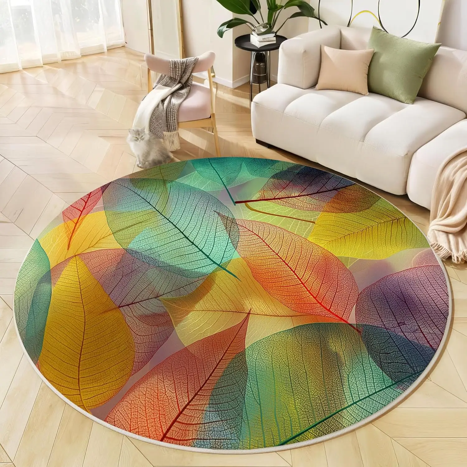 Colorful Transparent Leaf Round Rug Multilayered Autumn Tones for Bright Interior