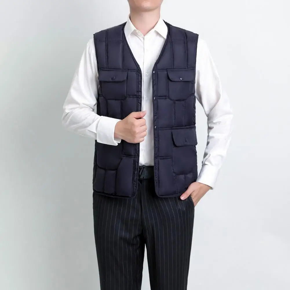 Workwear Style Waistcoat with Pockets Stylish Men's V-neck Waistcoat with Snap-button Design Slim Fit Cotton Vest for Men