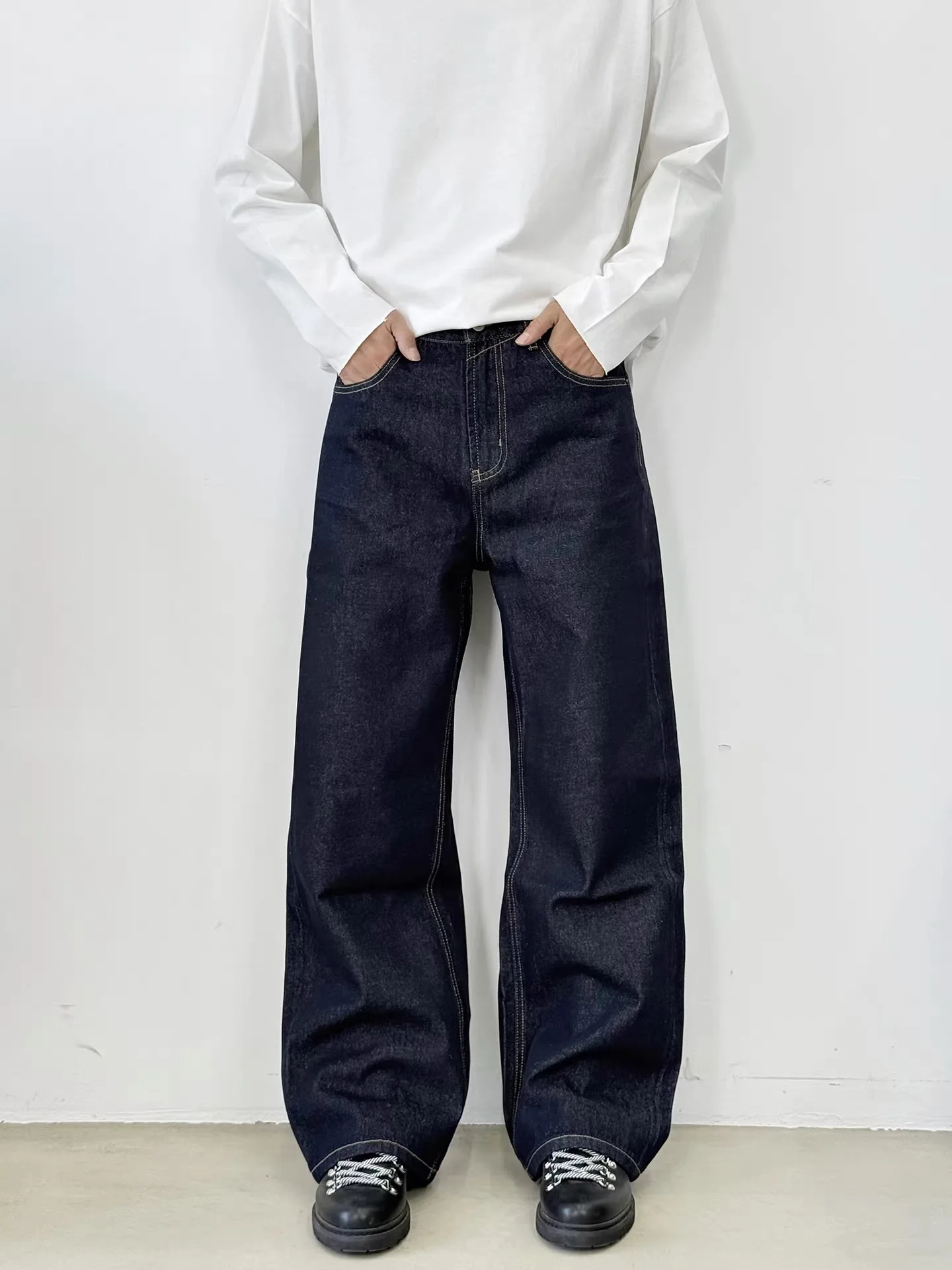 الرجعية الأمريكية اللون الأصلي الدنيم الأزرق واسعة الساق ألف خط الجينز ex CleanFit ركاب عارضة السراويل الطويلة الشباب Sle