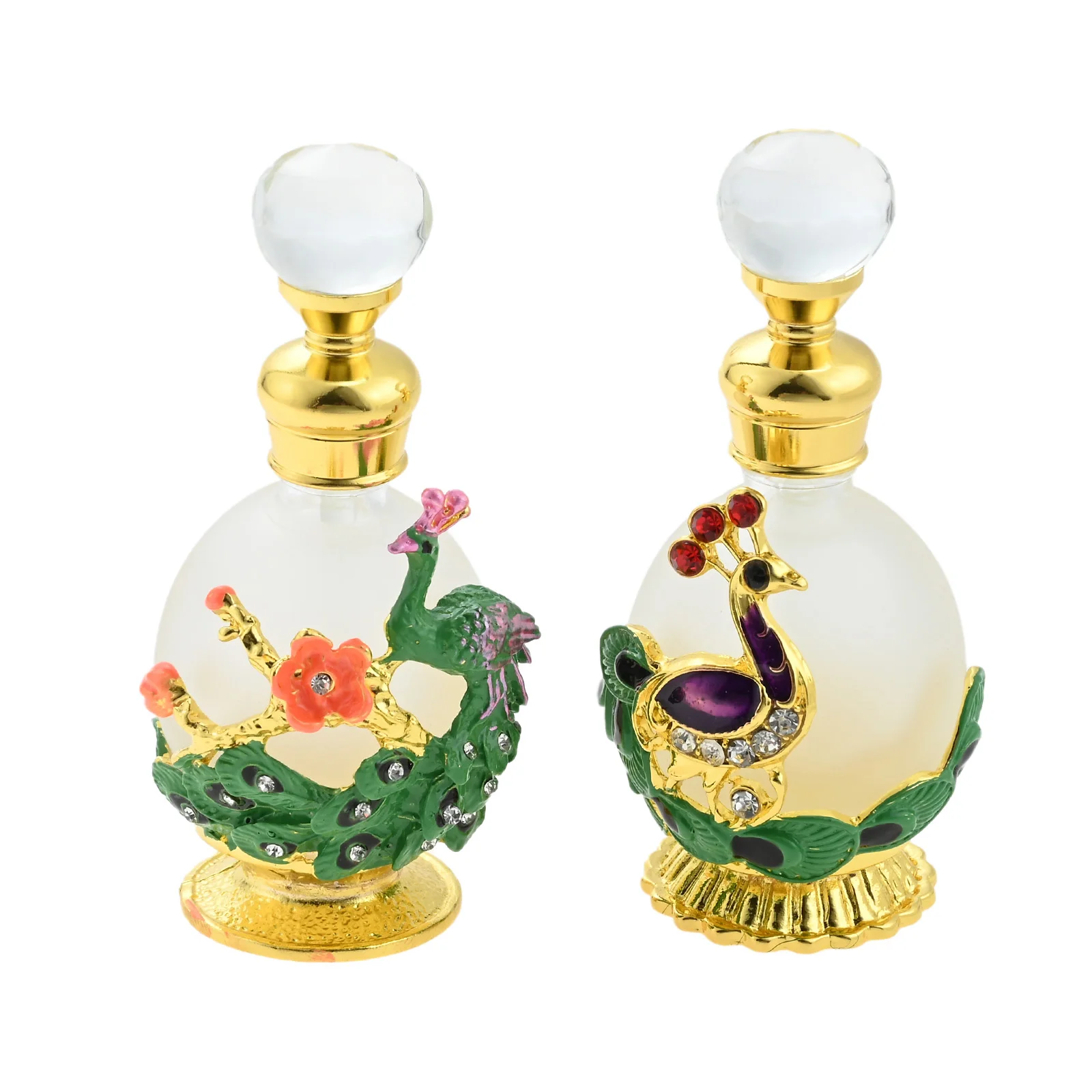 1pc Vintage Peacock Perfume Bottle Embed Metal Enamel Bird Rhinestone Flower Crystal Cap Handmade Gift Home/SPA/Store Ornament