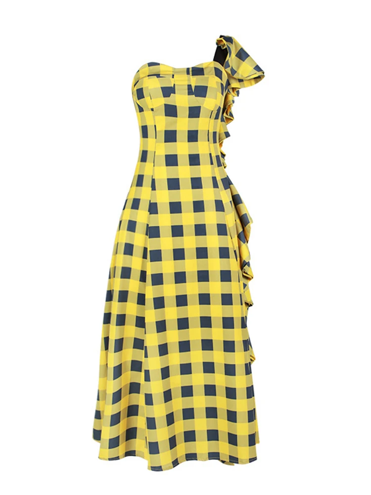 Romiss ärmellose asymmetrische Frauen Kleid eine Schulter hohe Taille Rüschen Plaid Midi Kleider weibliche Mode 2024 Kleidung