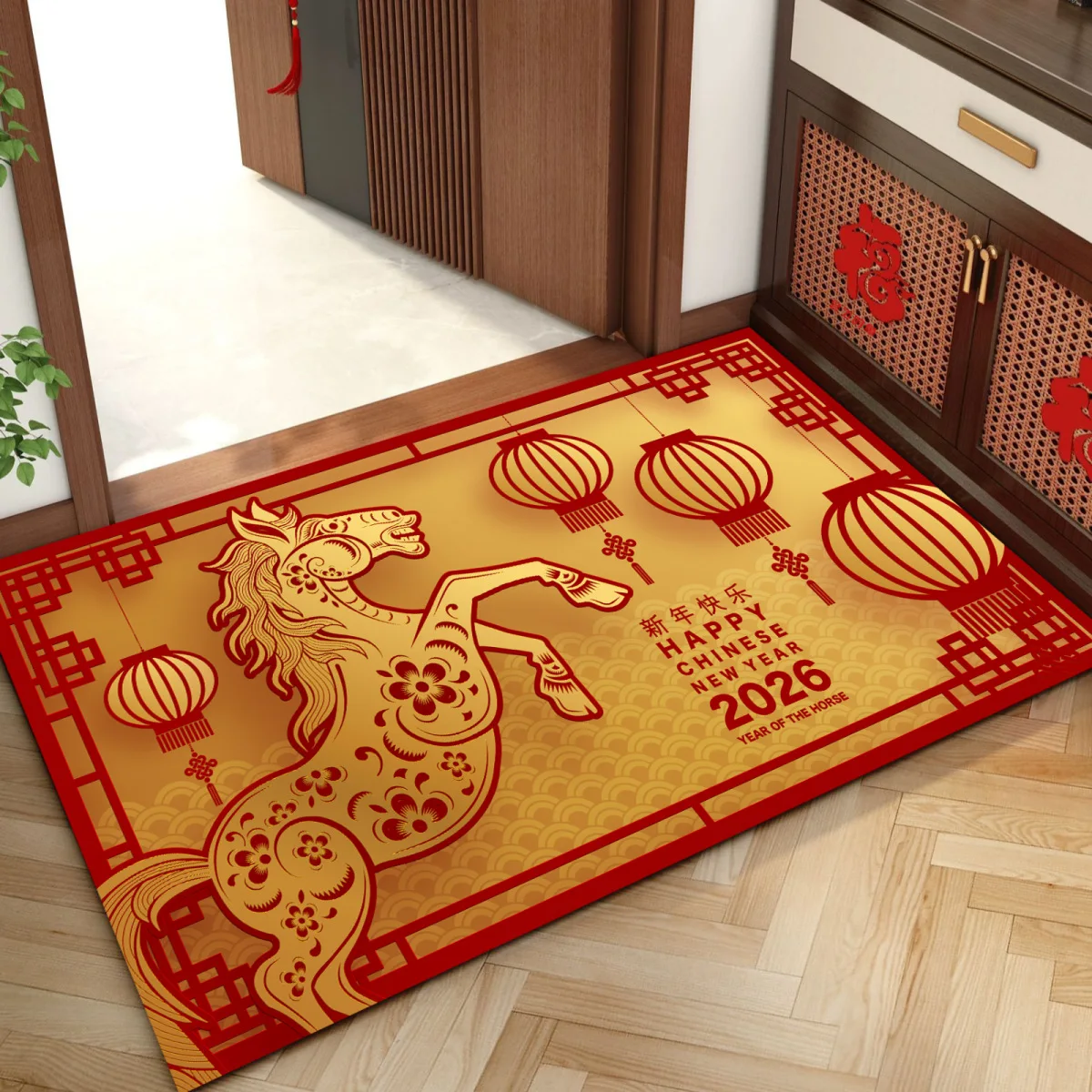 Fußmatte für das chinesische Neujahr 2026. Willkommens-Wohnzimmerteppich mit goldenem Pferd-Aufdruck für das Jahr des Pferdeingangs, Veranda-Teppich