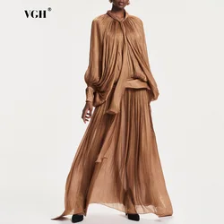 VGH Minimalist Spliced Folds Maxi Dresses for Women Scarf Collar Lantern Sleeve Loose Waist Casual Temperament Dress Female New