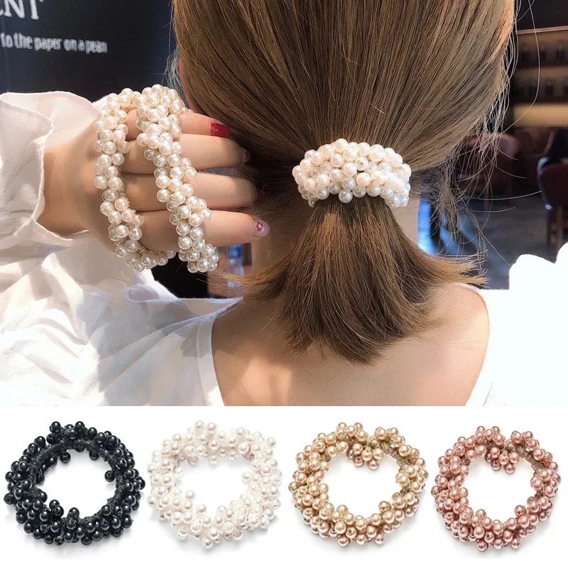 Fashion Woman Elegant Pearl Hair Ties Beads Girls Scrunchies Rubber Bands Ponytail Holders Hair Accessories Elastic Hair Band