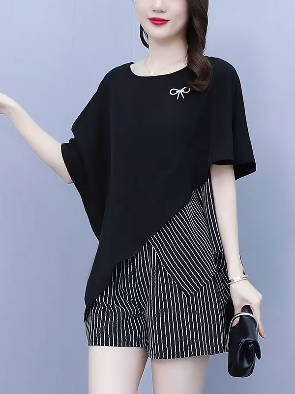 

plus Size Summer New Fashion Splicing Loose Slimming Belly Covering Two-Piece Set High Waist Short Pants round Neck Short Sleeve