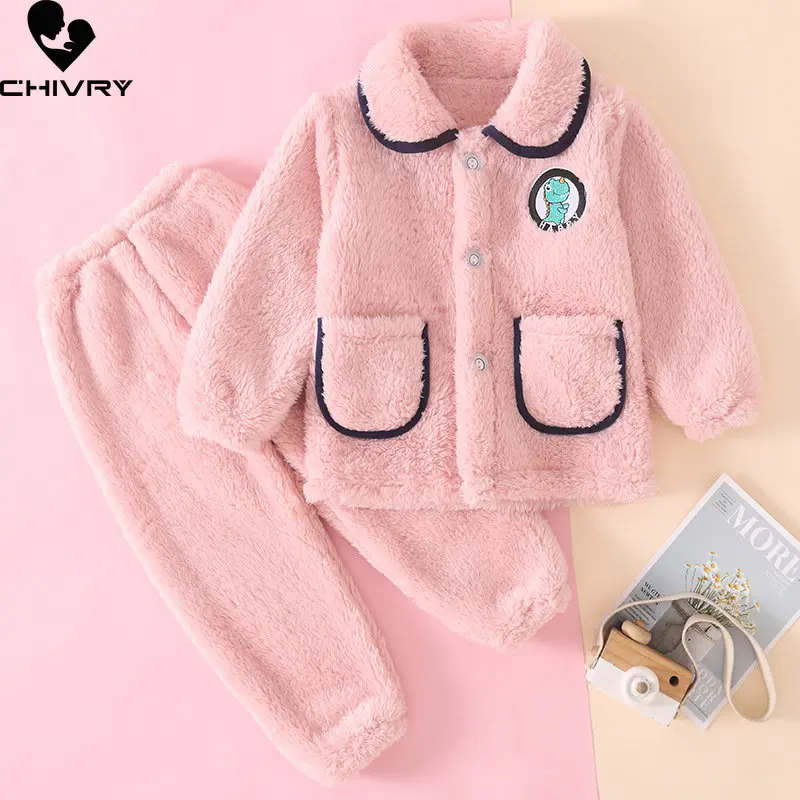 New 2022 Autumn Winter Kids Thick Warm Flannel Pajama Sets Baby Boys Girls Cartoon Long Sleeve Lapel Clothing Sleepwear Pyjamas