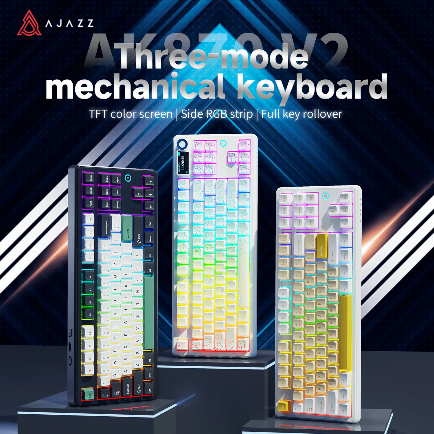 AJAZZ AK870 V2 mechanisch toetsenbord met 87 toetsen, 3-modus draadloos, hot-swap, TFT, RGB, dempen, volumeknop, USB-C opladen