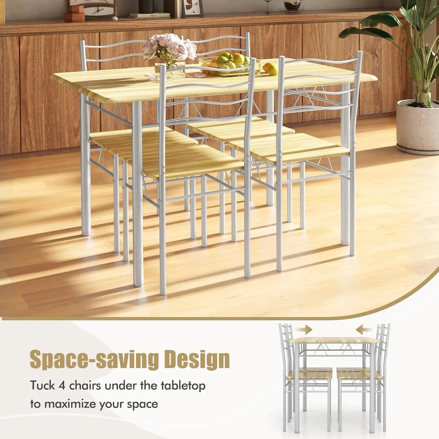 Dining Table Set for 4, 5-Piece Kitchen Table Chairs Set of 4, Breakfast Nook with Kitchen Table, 4 Dining Chairs, Metal Frame