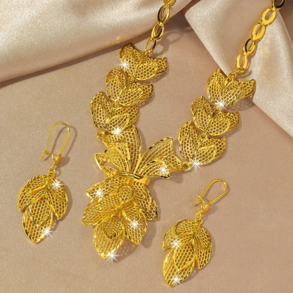 

Noble 9999 24k Real Gold Versatile Luxury Hollow Maple Leaf Necklace Earrings Wedding Bride