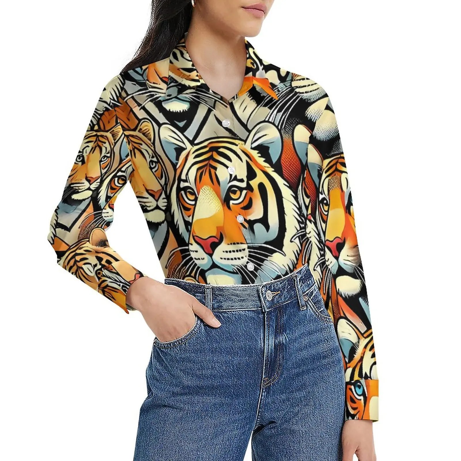 Pop Art Tiger Print Blouse Long-Sleeve  Trendy Blouses Womens Casual Oversized Shirt Graphic Tops Gift Idea